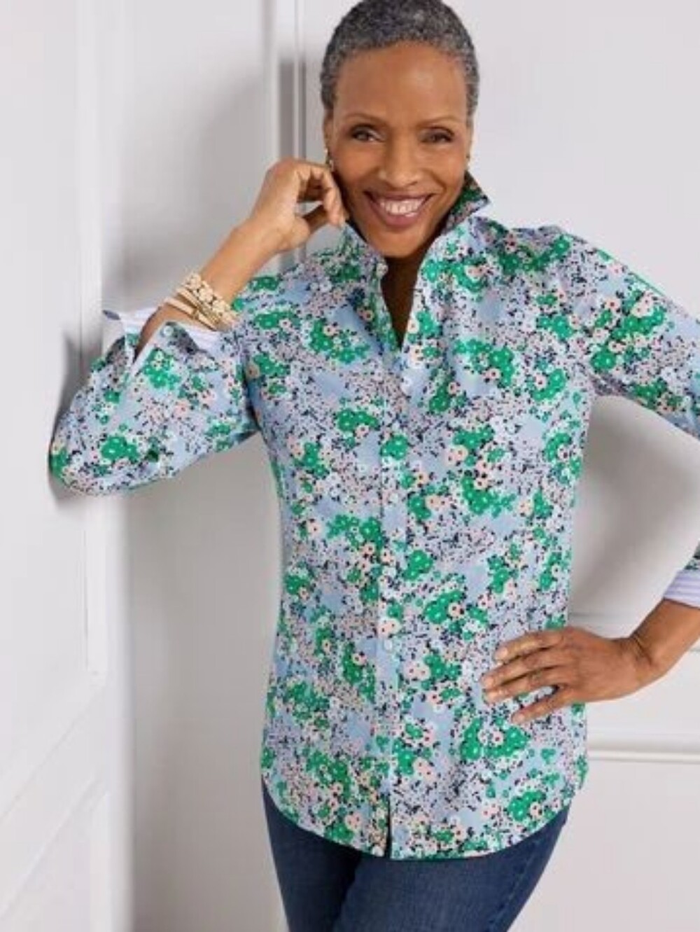 Talbots Perfect Non-Iron Floral Shirt, Size 6, Stripe Contrast Cuff